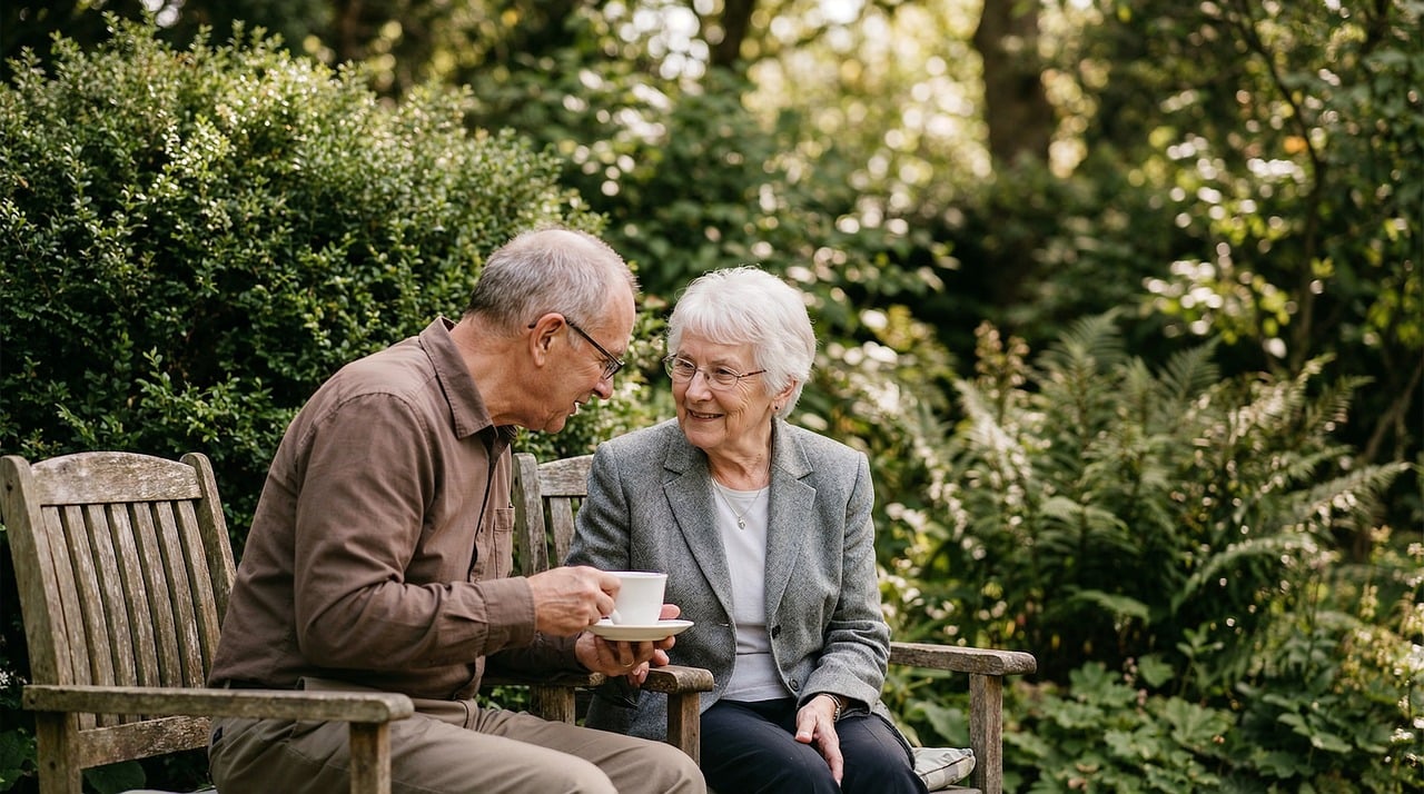 Volwassen kind in gesprek met zorgbehoevende ouder aan keukentafel